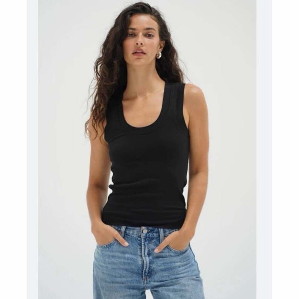 LNA Double Layer Ribbed Scoop Neck Tank Top Black XS Rayon Stretch